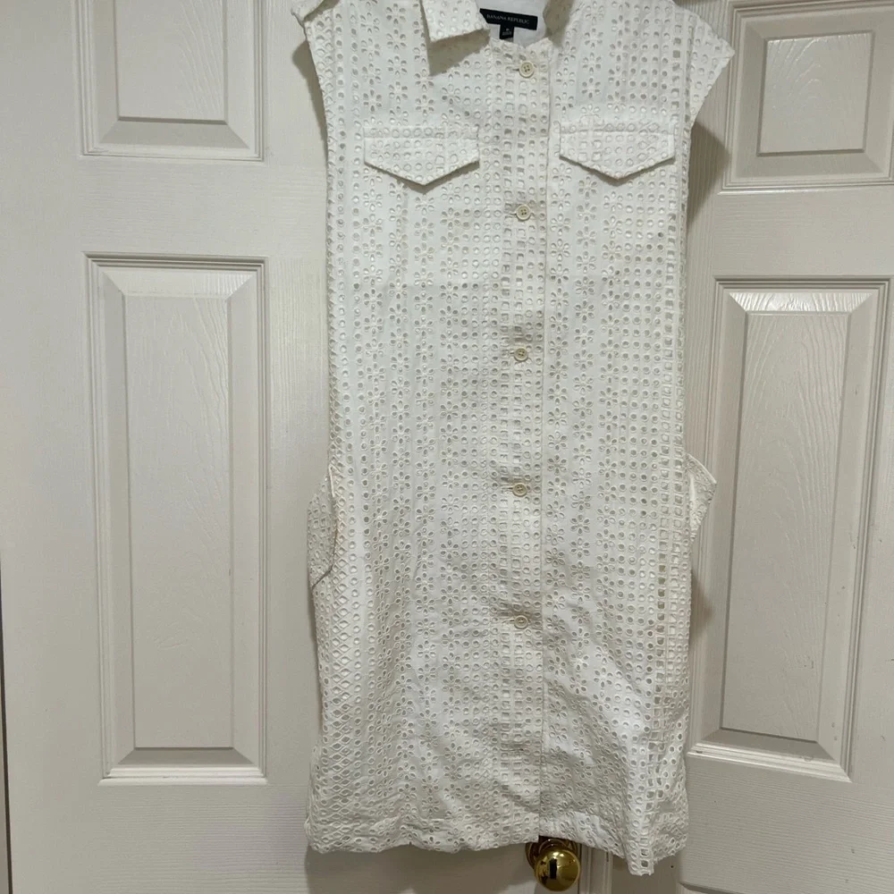 Banana Republic Ivory Eyelet belt short sleeve cotton Shirtdress pocket‎ 6 NWNT - Picture 5 of 12